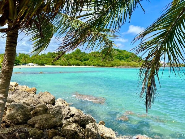 Overlooking the turquoise waters, this property offers stunning views of the ocean and lush greenery.