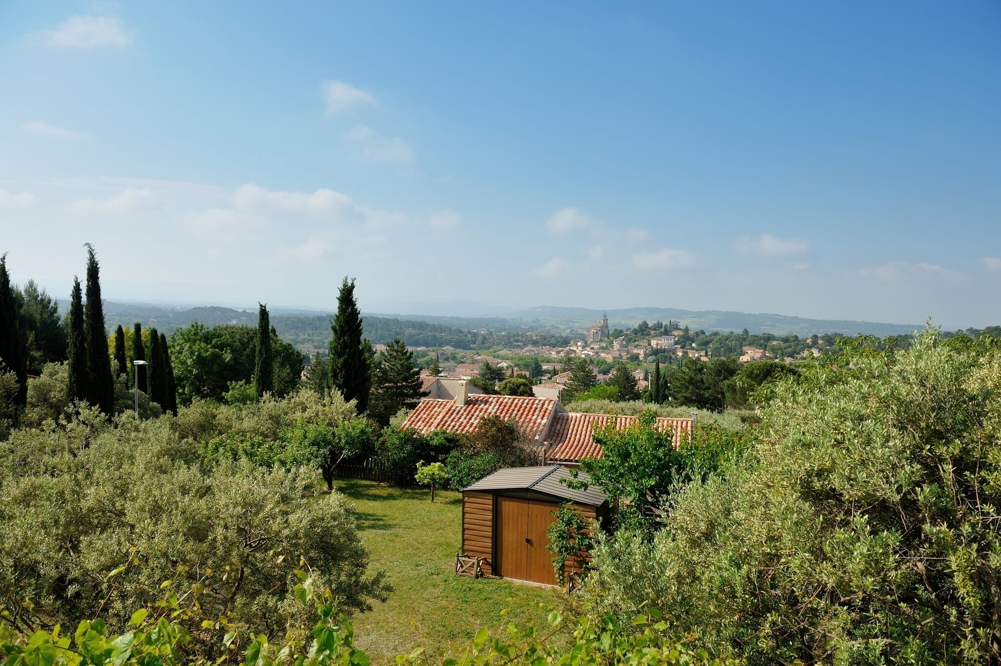 A rural landscape with a small wooden shed, dense greenery, and distant buildings.