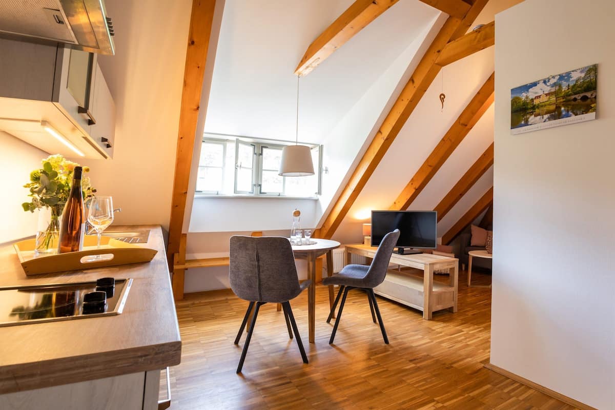 Ein gemütliches Loft-Zimmer mit Holzbalkendecke, einer Essecke mit zwei Stühlen und einem Tisch, einem Fernseher auf einem kleinen Standfuß und einem Fenster mit Blick ins Freie.