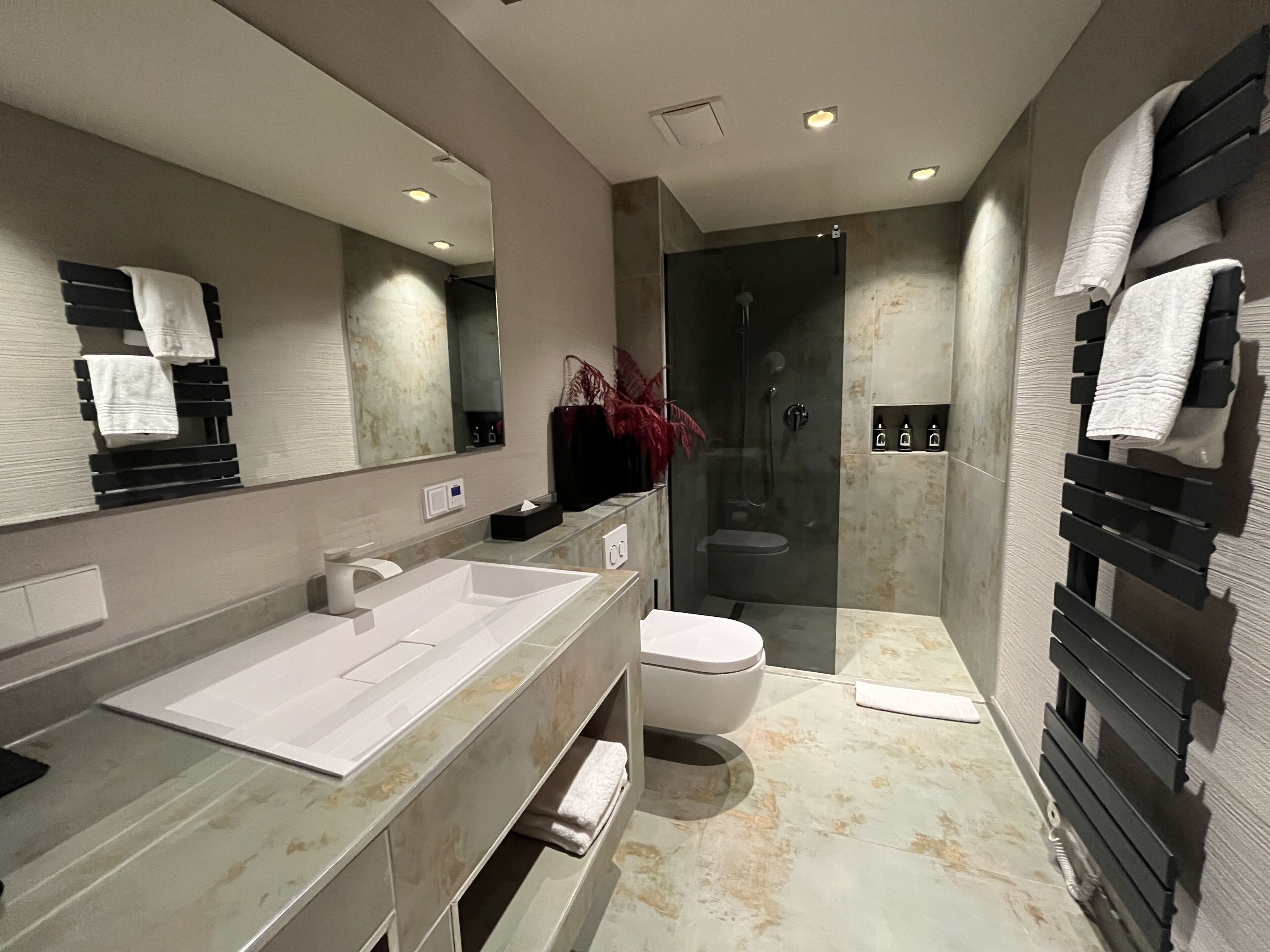 A modern bathroom with a large mirror, a sink, a toilet, and a shower area.