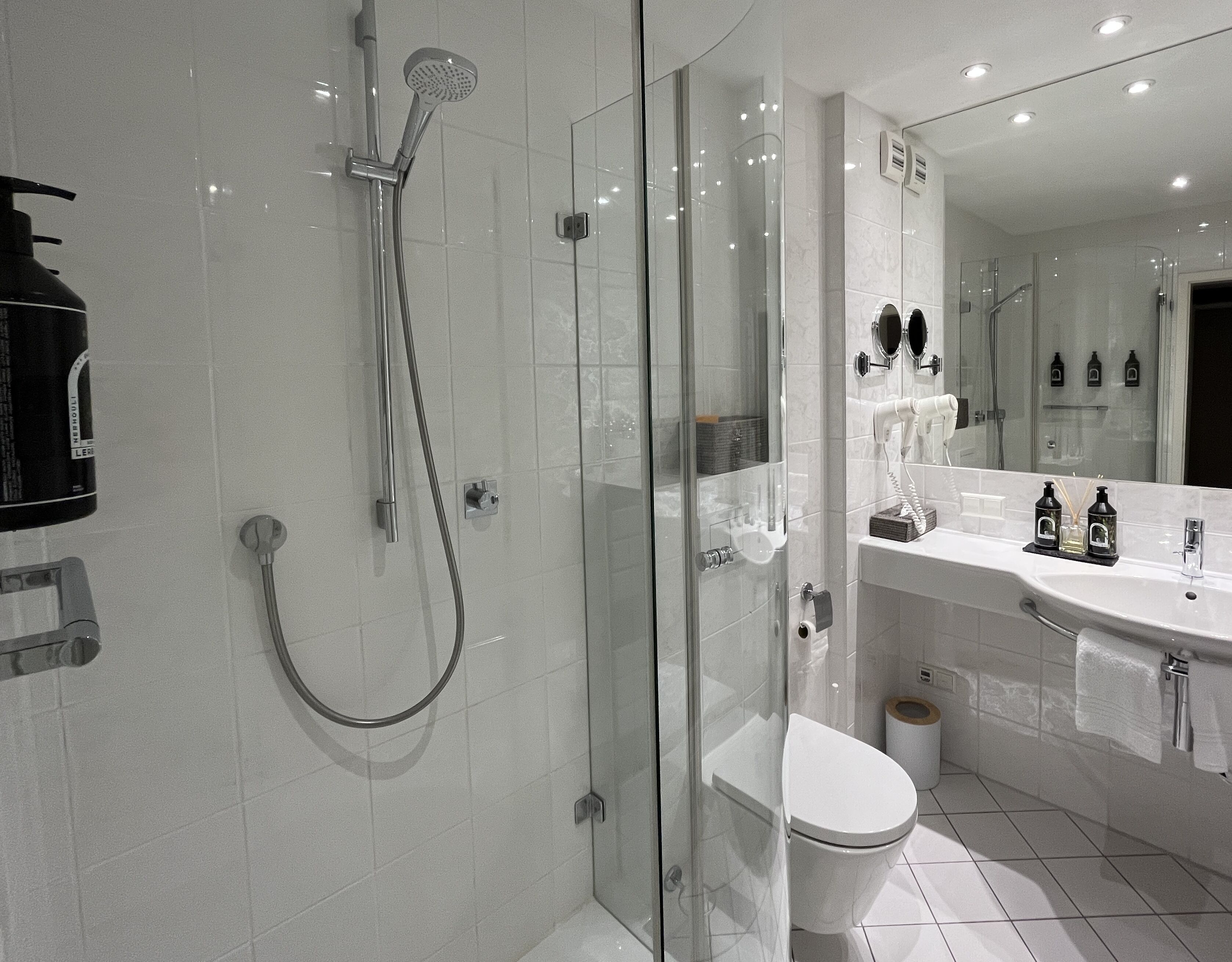 Un baño moderno con ducha envuelta en cristal, inodoro blanco y un espejo grande sobre el lavabo.