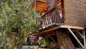 Eine rustikale Holzkonstruktion mit einer Steintreppe, die zu einem Holzboden führt.