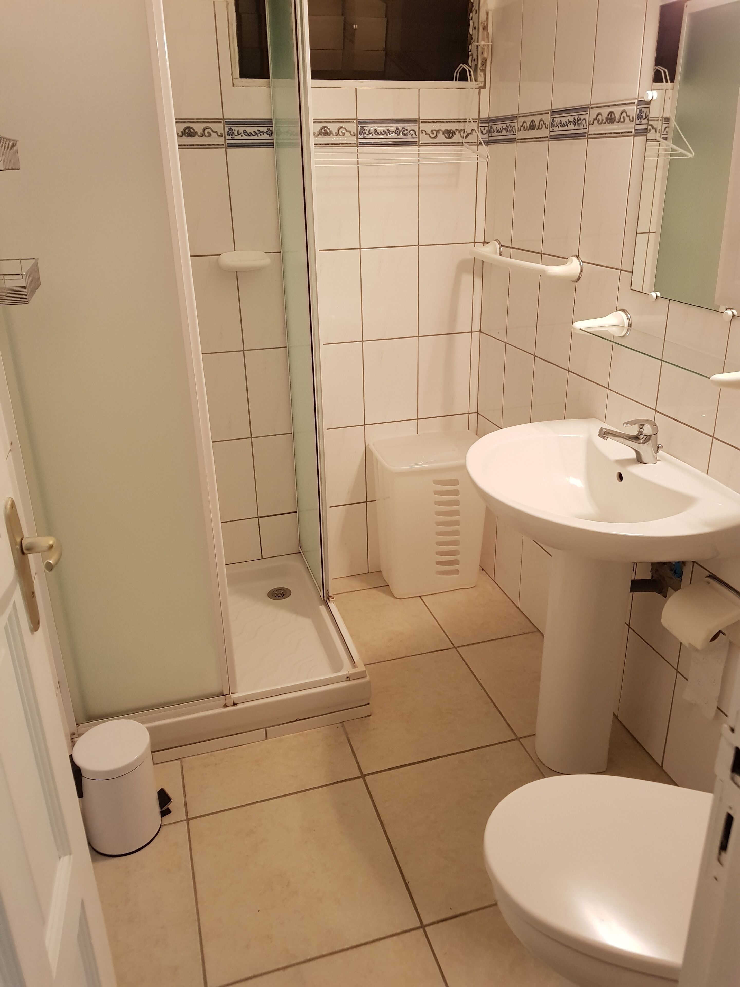 Een badkamer met een douche, toilet, wastafel en een glazen douchedeur.