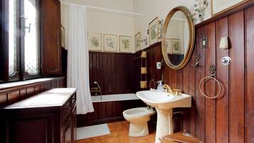 Combined shower/bathtub, free toiletries, hair dryer, bidet