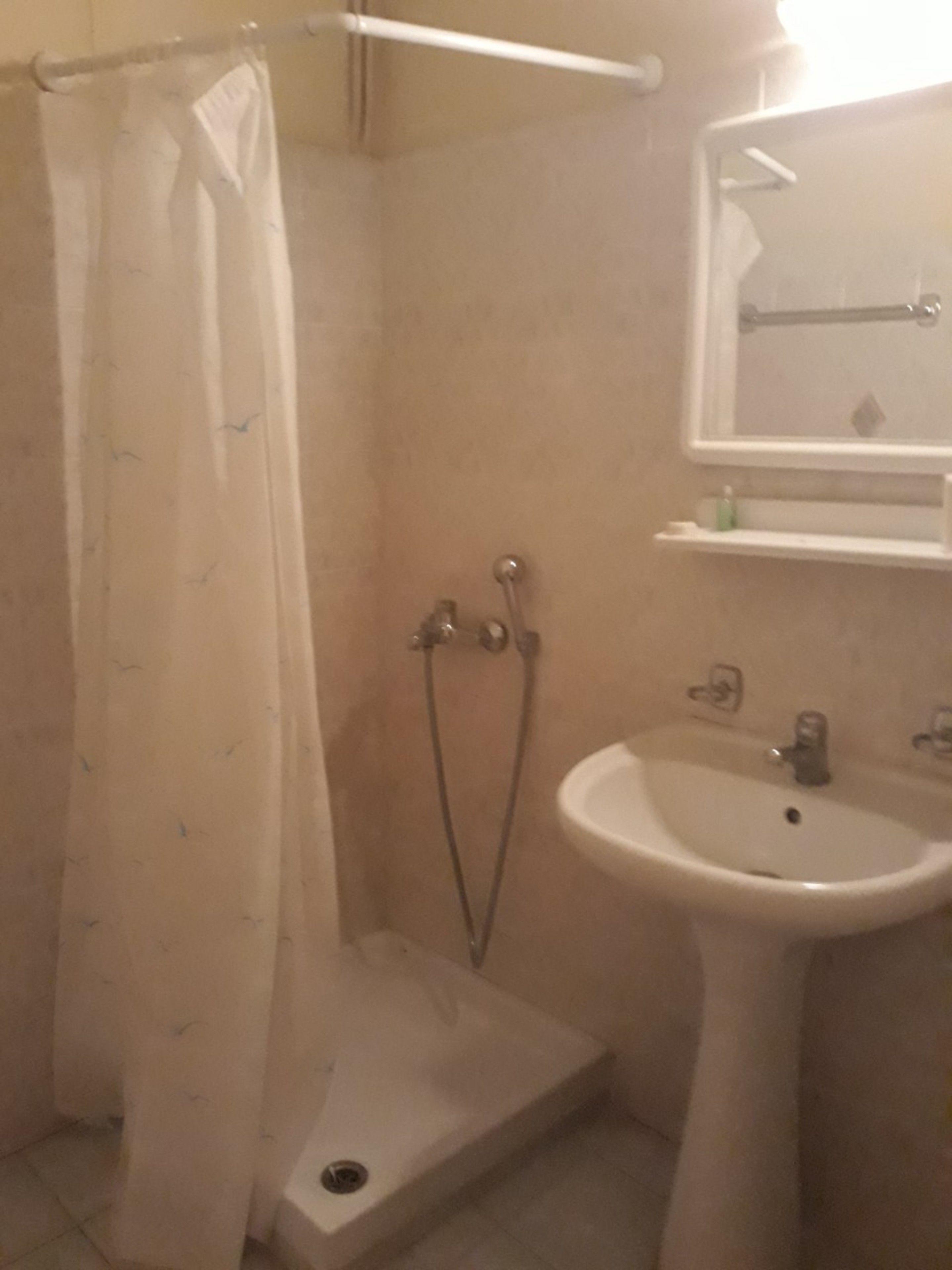 A bathroom with a shower, a sink, and a mirror.