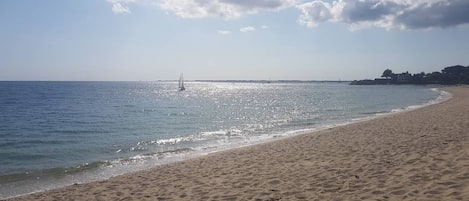 On the beach, sun loungers