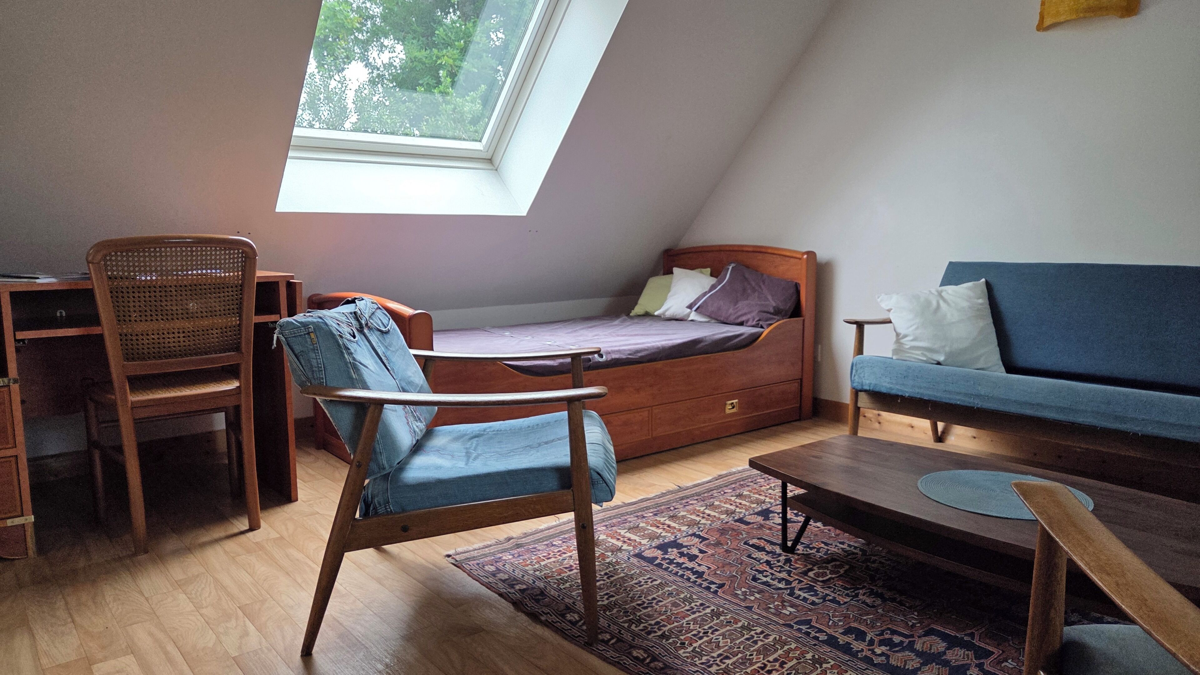 Et lille, hyggeligt værelse med en køjeseng, sofa, stol, skrivebord og et vindue.