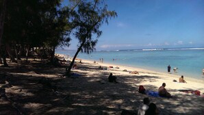 Une plage où des gens se prélassent au soleil et se baignent, entourée d’arbres et sous un ciel dégagé.
