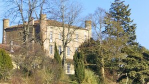 Un grande edificio storico in pietra con numerose canne fumarie e alte finestre, immerso in un fitto boschetto di alberi e arbusti.