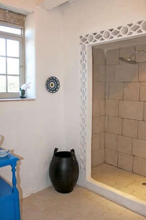 Regadera, secadora de cabello, toallas, papel de baño 