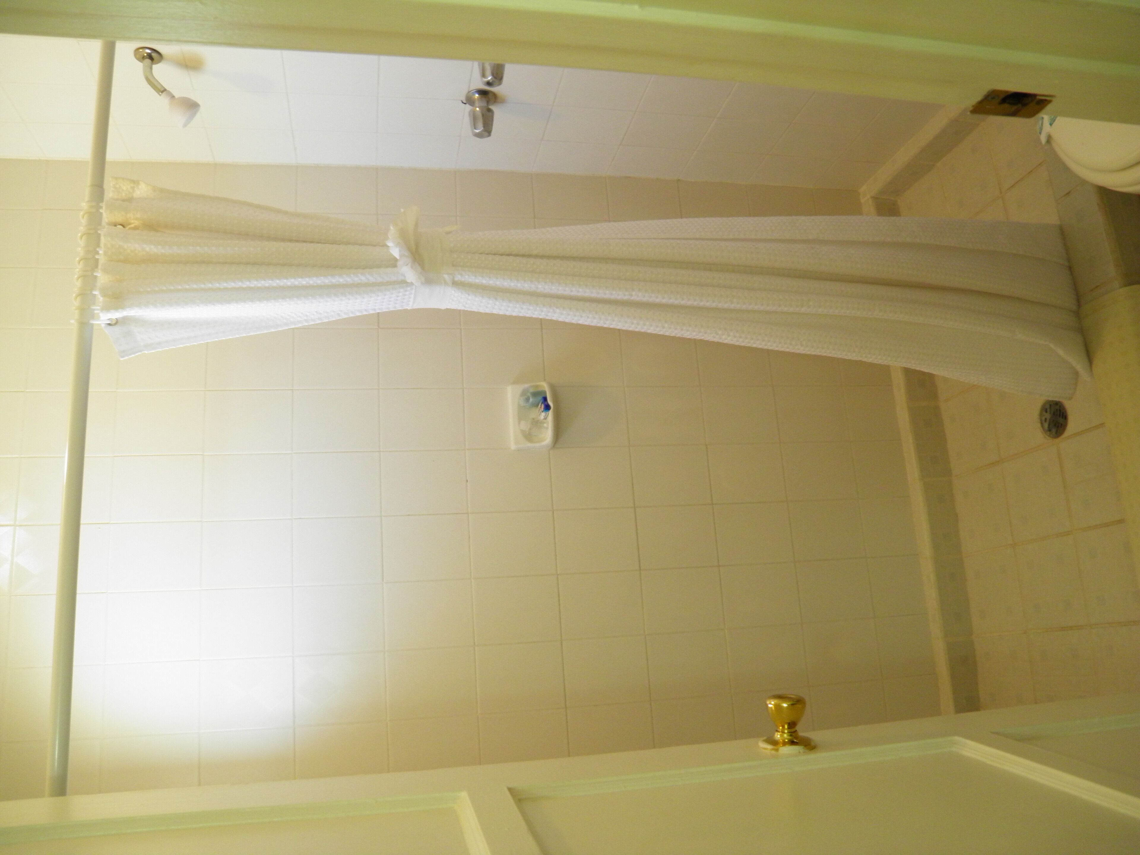 Ein Badezimmer mit Duschvorhang, Badewanne und Toilette.
