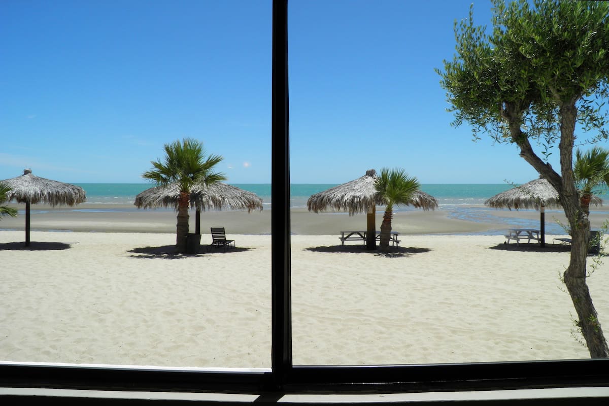 Une plage avec vue sur la mer, agrémentée de parasols en chaume et de palmiers.