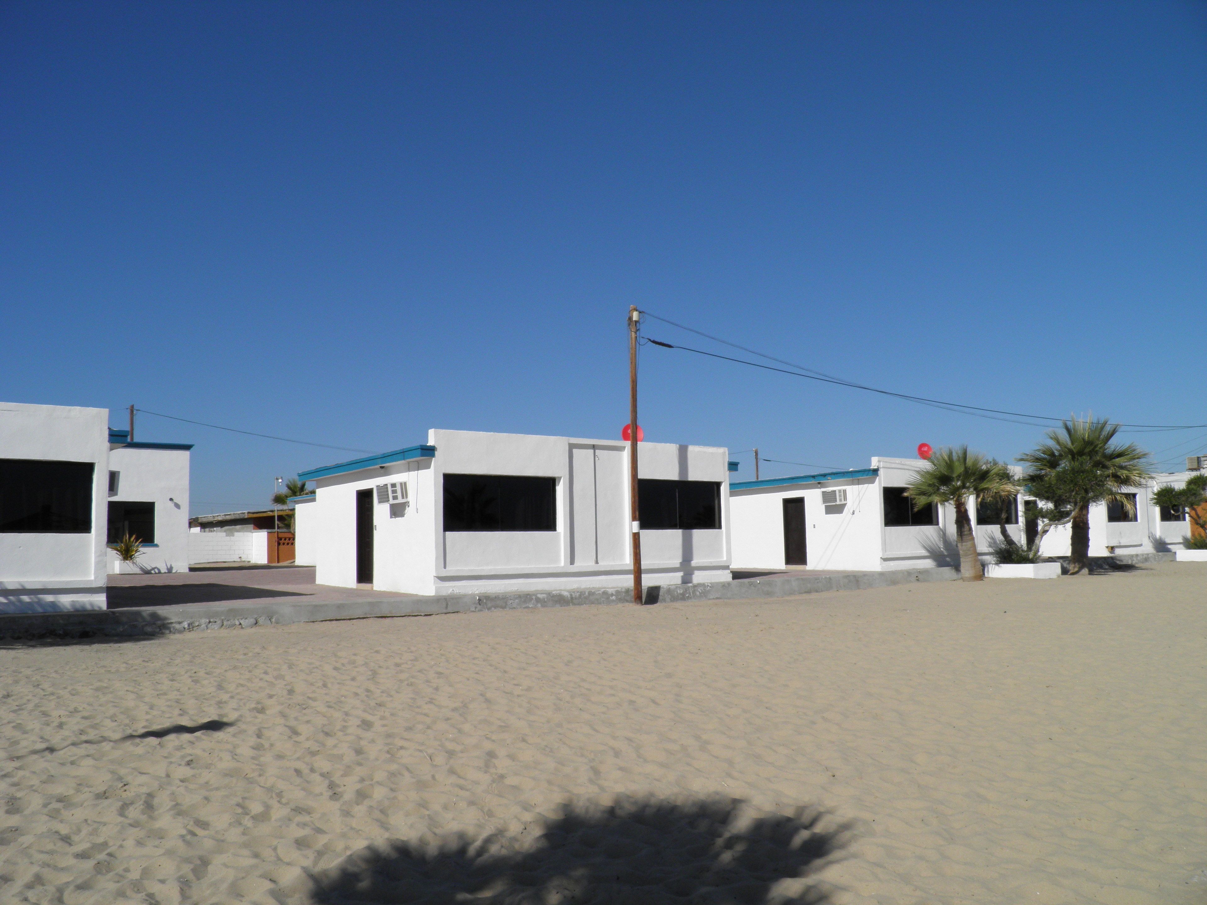 A row of white buildings with blue roofs, a sandy ground, and palm trees.