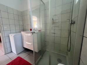 Shower, hair dryer, towels, toilet paper