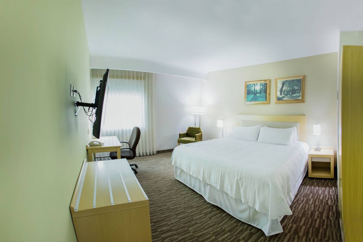 A hotel room with a bed, desk, chair, television, and two wall-mounted picture frames.