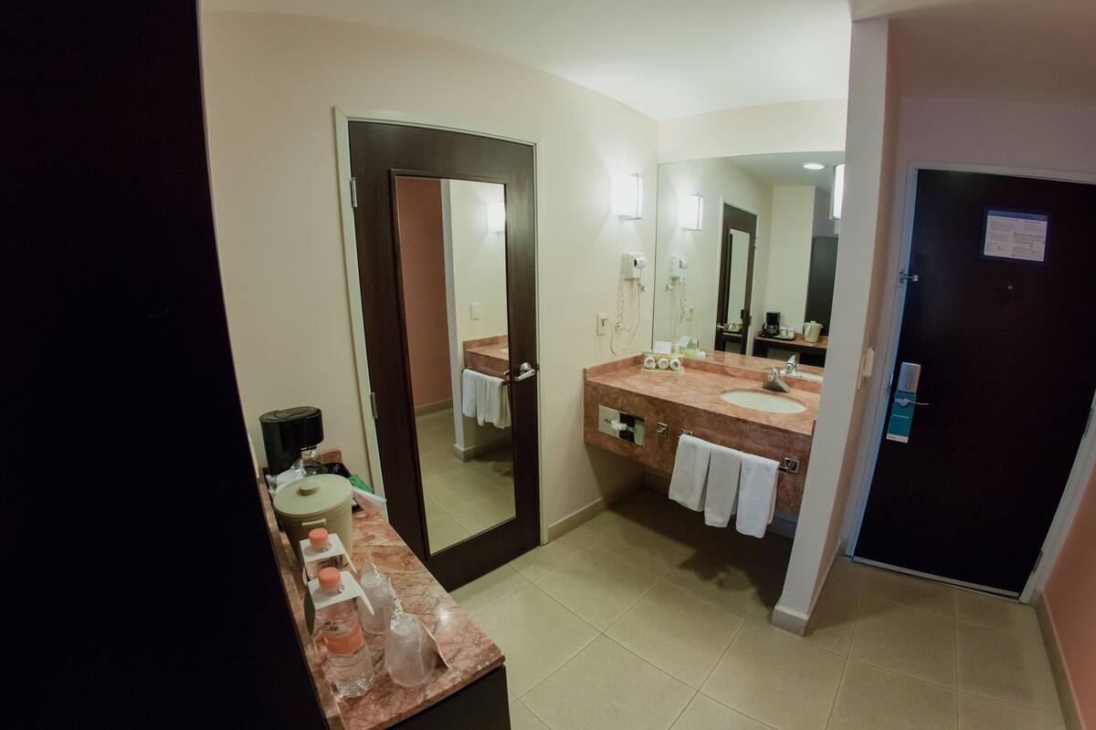 A bathroom with a sink, mirror, towel rack, and a door.