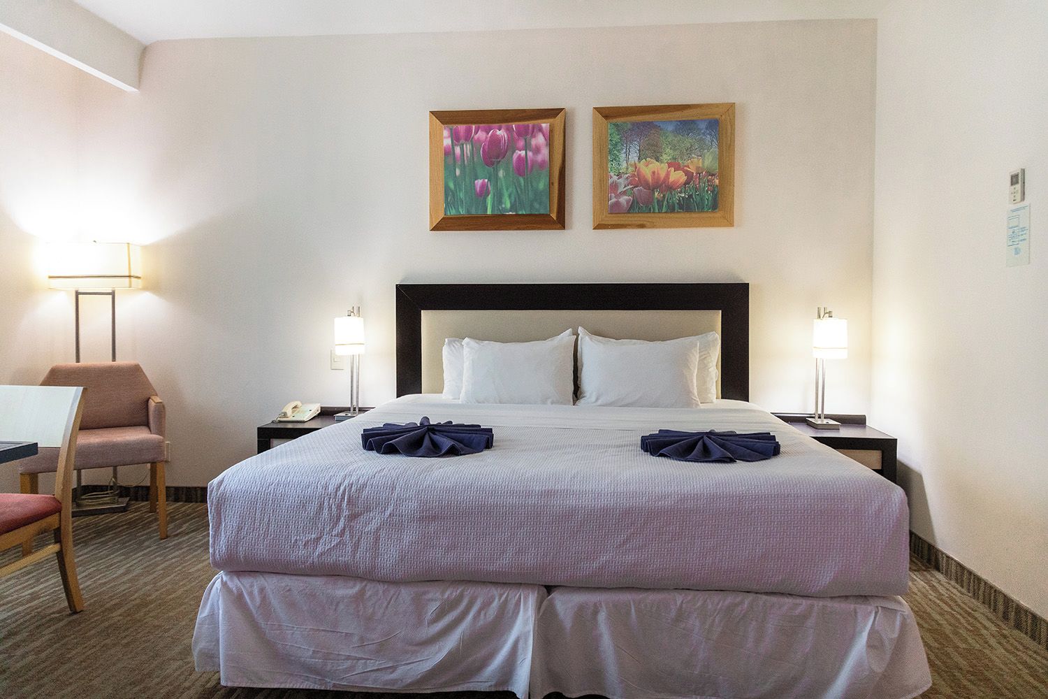 Een hotelkamer met een groot bed, twee nachtkastjes, een stoel en twee aan de muur hangende schilderijen.