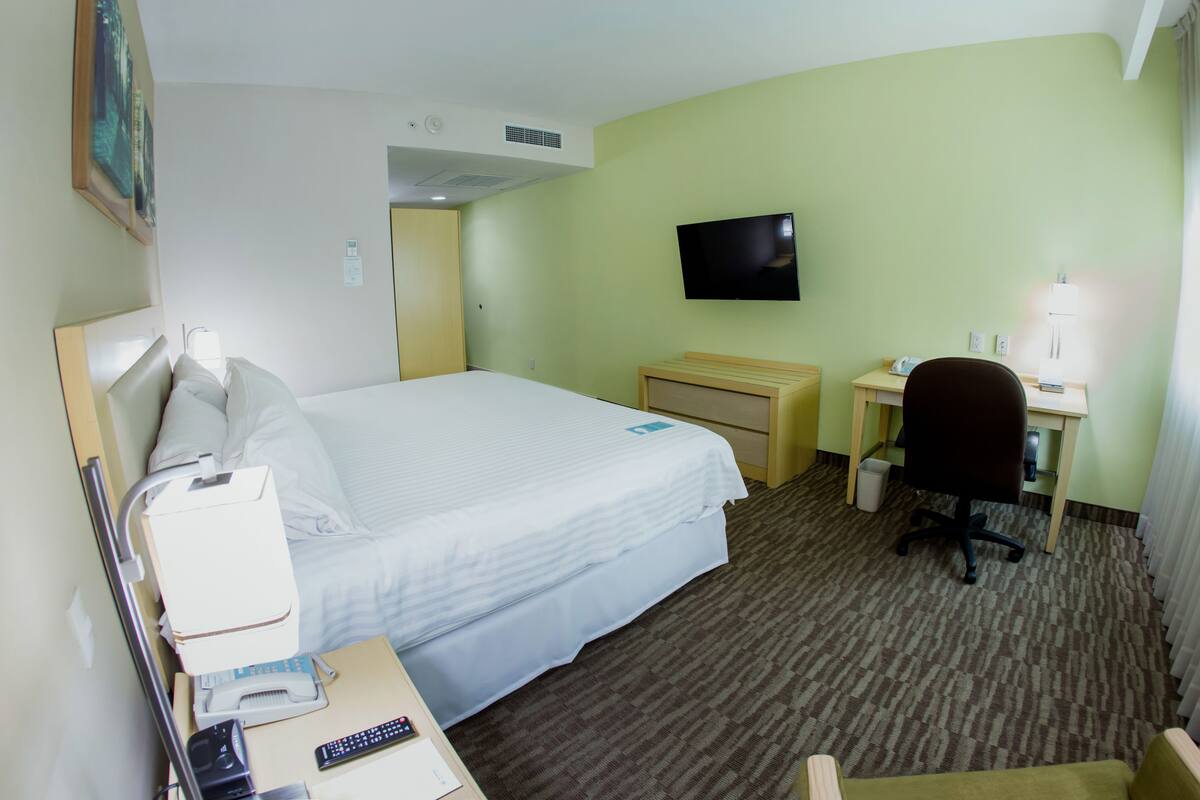 In-room safe, desk, laptop workspace, blackout curtains