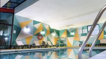 Indoor pool, open 8:00 AM to 9:00 PM, sun loungers