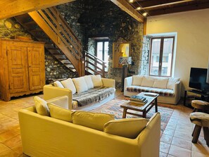 Smart TV, fireplace, DVD player, books