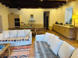 TV connectée, cheminée, lecteur de DVD, livres