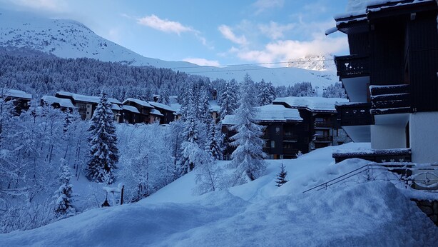 Un village de montagne enneigé, avec des bâtiments de style chalet, entouré d’arbres et surplombé d’un ciel dégagé.