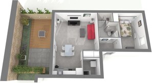 A modern apartment layout with a living area, kitchen, dining space, and a small balcony.