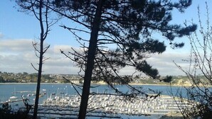 Un port de plaisance où sont amarrés de nombreux bateaux, entouré d’arbres et offrant un paysage côtier.