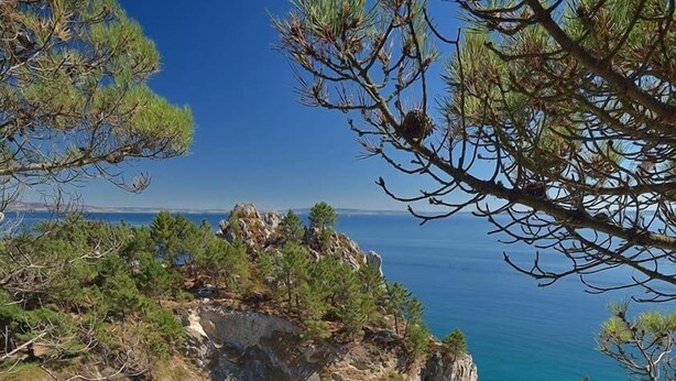 Un paysage côtier caractérisé par une mer turquoise aux eaux limpides, des falaises rocheuses et une plage de sable.