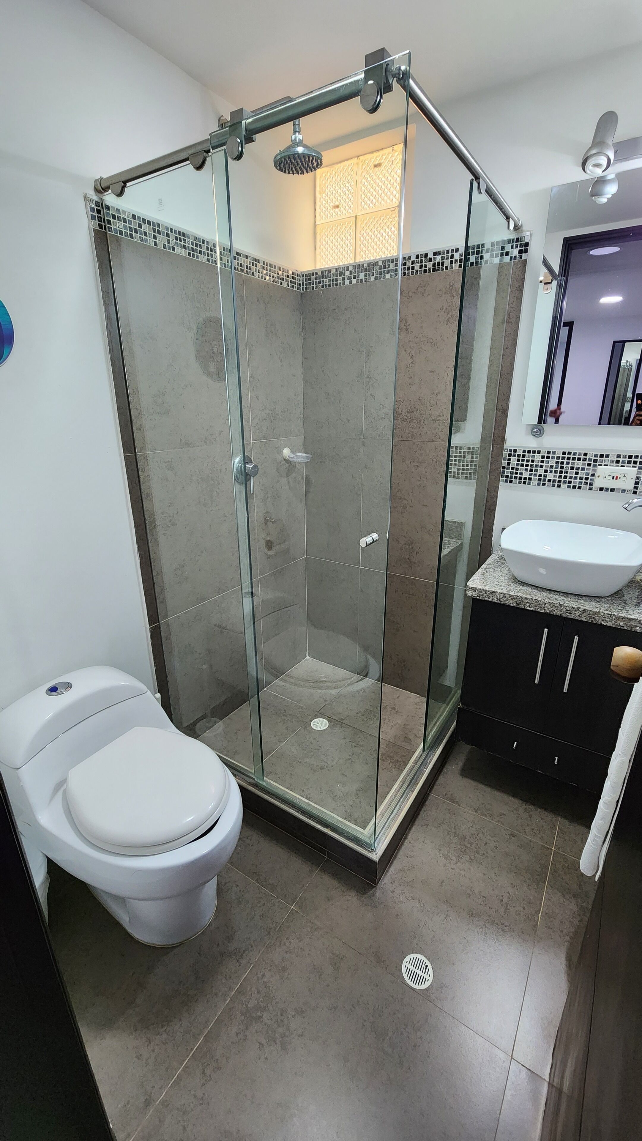 A bathroom with a glass-enclosed shower, a toilet, and a sink with a countertop.