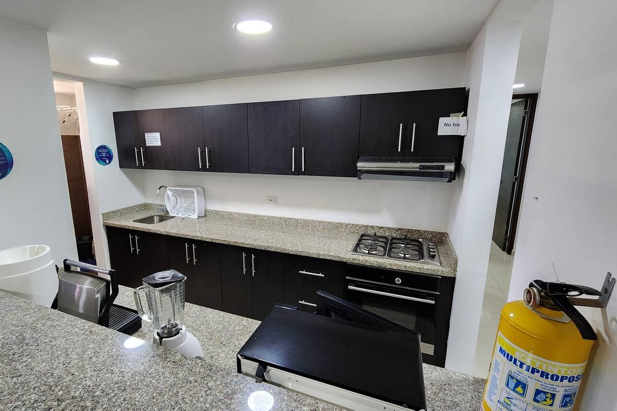 Una cocina moderna con encimeras de granito, armarios negros, estufa a gas, pileta, licuadora y extintor.