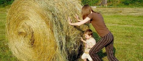 Una mujer y un niño interactúan con una gran fardela de heno en un campo cubierto de hierba.