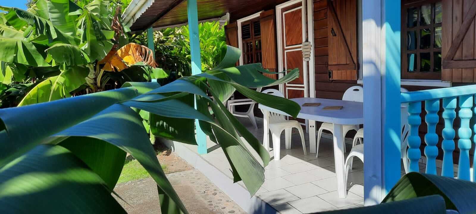 A covered outdoor seating area with white plastic chairs and a table, surrounded by lush green foliage.