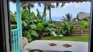 A view from a window with a table and chairs, a wooden fence, and lush green plants.
