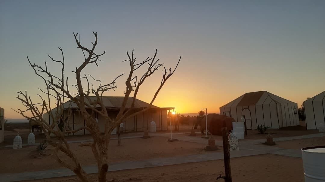 A desert landscape with a building, a tree, and a sunset.