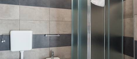 A modern bathroom with a glass-enclosed shower, a toilet, and a bidet.