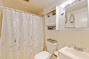 Ein Badezimmer mit Toilette, Waschbecken und Duschvorhang.