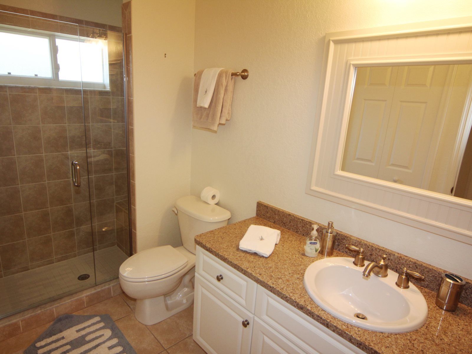 A bathroom with a glass shower enclosure, a toilet, a sink with a mirror above it, and a towel rack.