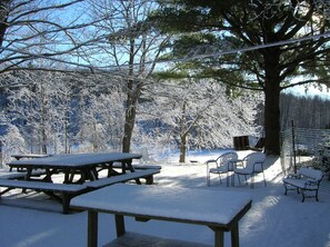 Outdoor dining - Romantic Log Cabin on Privately-Owned Lake with Fireplace (Stanfordville)