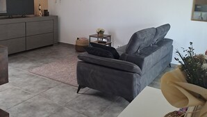 Un soggiorno con un divano grigio, una TV su un mobile, un tavolino con una pianta e un quadro appeso al muro.