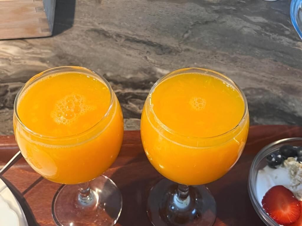 Two glasses of orange juice on a tray.
