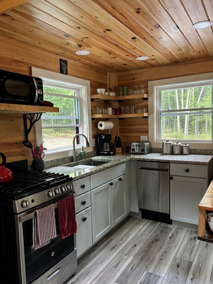 A compact kitchen with a stove, microwave, and sink, wooden ceiling, and a window with a view of greenery.
