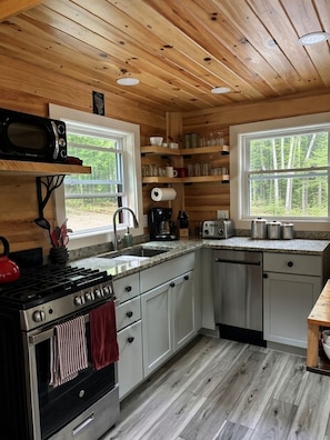 A compact kitchen with a stove, microwave, and sink, wooden ceiling, and a window with a view of greenery.