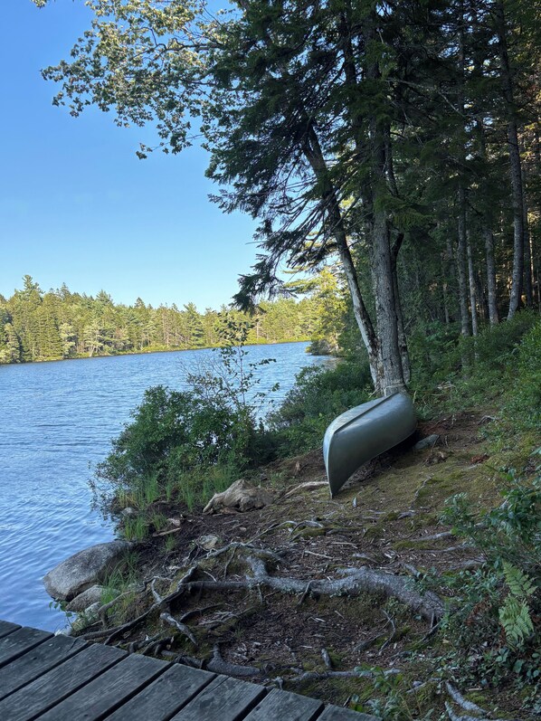 Une jetée en bois mène à un lac paisible, où un canoë est amarré sur la rive, entouré d’une forêt dense.
