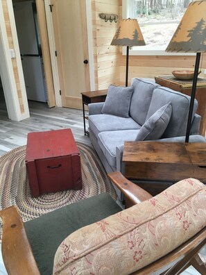 A cozy living room with a grey sofa, a red chest of drawers, a patterned armchair, and a wooden coffee table. - Secluded Lakefront, Dog-Friendly Cabin with Canoe, 7 Miles from the Ocean (Marshfield)