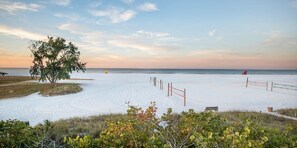 A beach with a sandy path leading to the water, a tree, and a fence. - Private Beachfront on Siesta Key (Siesta Key)