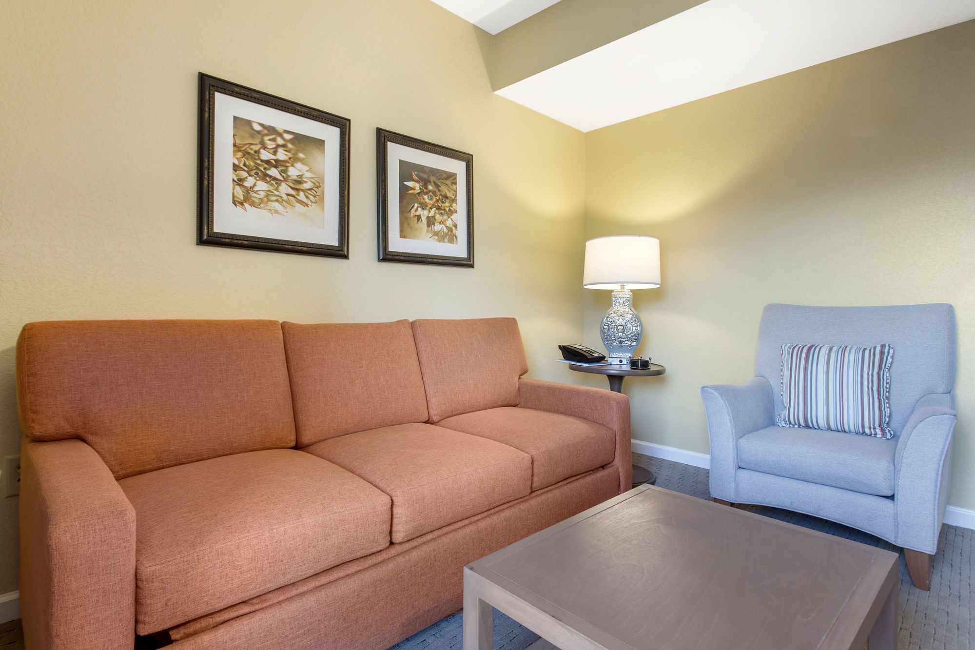A living room with a sofa, a chair, a coffee table, and two framed pictures on the wall.
