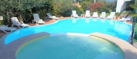 Seasonal outdoor pool, pool umbrellas, pool loungers