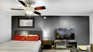 A modern bedroom with a bed, a TV, a nightstand, and a ceiling fan.
