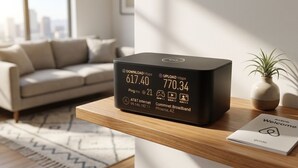 Ein schwarzes Gerät, das Download- und Upload-Geschwindigkeiten, den AT&T Internet-Service und den Standort in Phoenix, Arizona, anzeigt.